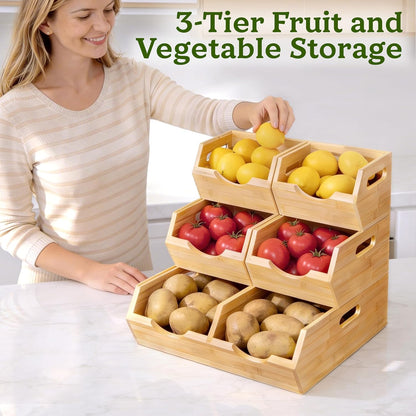 Bamboo Pantry Storage Bins – Stackable Potato & Onion Storage Bin for Kitchen Countertop, Pantry Organizer, Fruit Vegetable Basket, Multiuse - Set of 3 Slide-Out Access