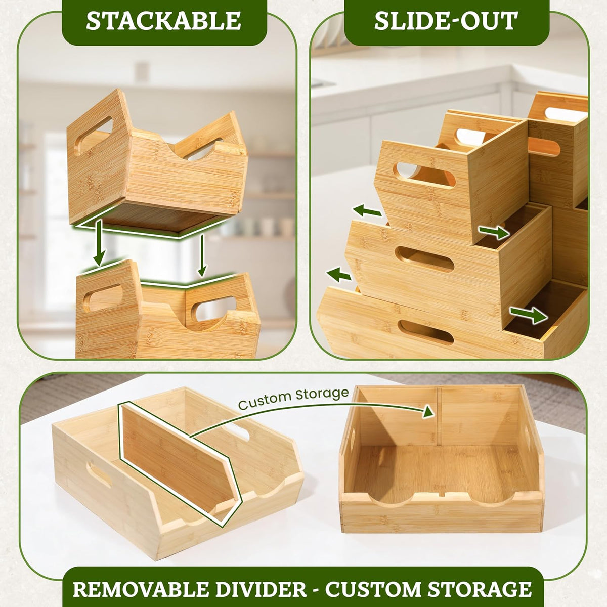 Bamboo Pantry Storage Bins – Stackable Potato & Onion Storage Bin for Kitchen Countertop, Pantry Organizer, Fruit Vegetable Basket, Multiuse - Set of 3 Slide-Out Access