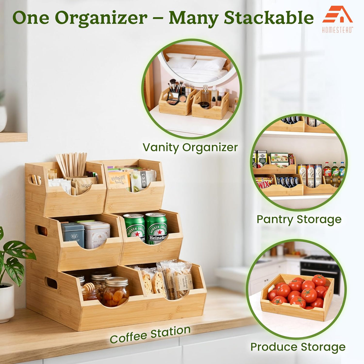Bamboo Pantry Storage Bins – Stackable Potato & Onion Storage Bin for Kitchen Countertop, Pantry Organizer, Fruit Vegetable Basket, Multiuse - Set of 3 Slide-Out Access