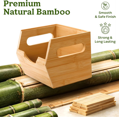 Bamboo Pantry Storage Bins – Stackable Potato & Onion Storage Bin for Kitchen Countertop, Pantry Organizer, Fruit Vegetable Basket, Multiuse - Set of 3 Slide-Out Access