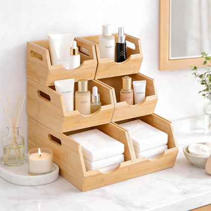 Bamboo Pantry Storage Bins – Stackable Potato & Onion Storage Bin for Kitchen Countertop, Pantry Organizer, Fruit Vegetable Basket, Multiuse - Set of 3 Slide-Out Access