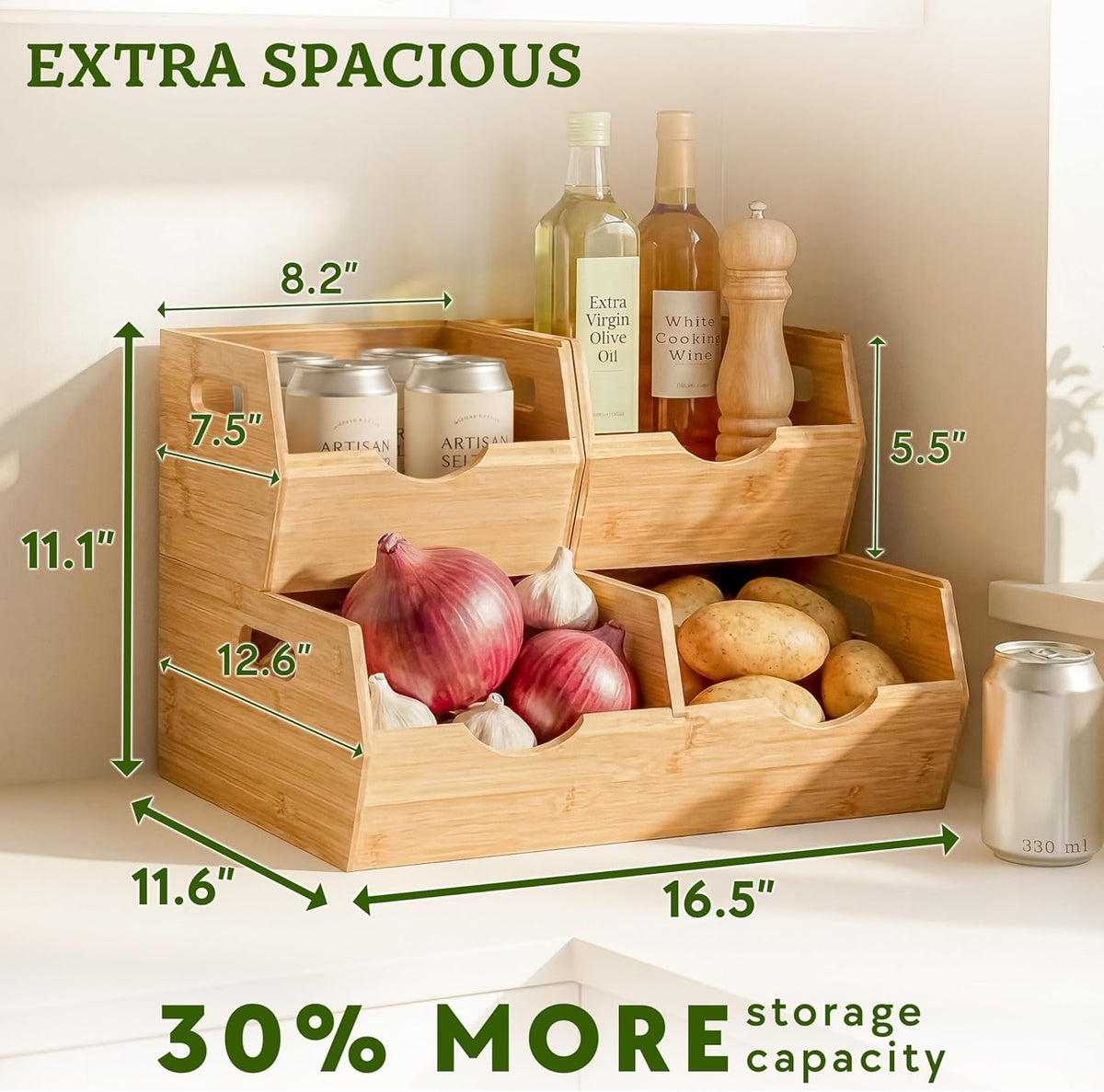 Bamboo Pantry Storage Bins – Stackable Potato & Onion Storage Bin for Kitchen Countertop, Pantry Organizer, Fruit Vegetable Basket, Multiuse - Set of 3 Slide-Out Access