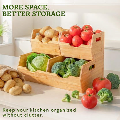 Bamboo Pantry Storage Bins – Stackable Potato & Onion Storage Bin for Kitchen Countertop, Pantry Organizer, Fruit Vegetable Basket, Multiuse - Set of 3 Slide-Out Access