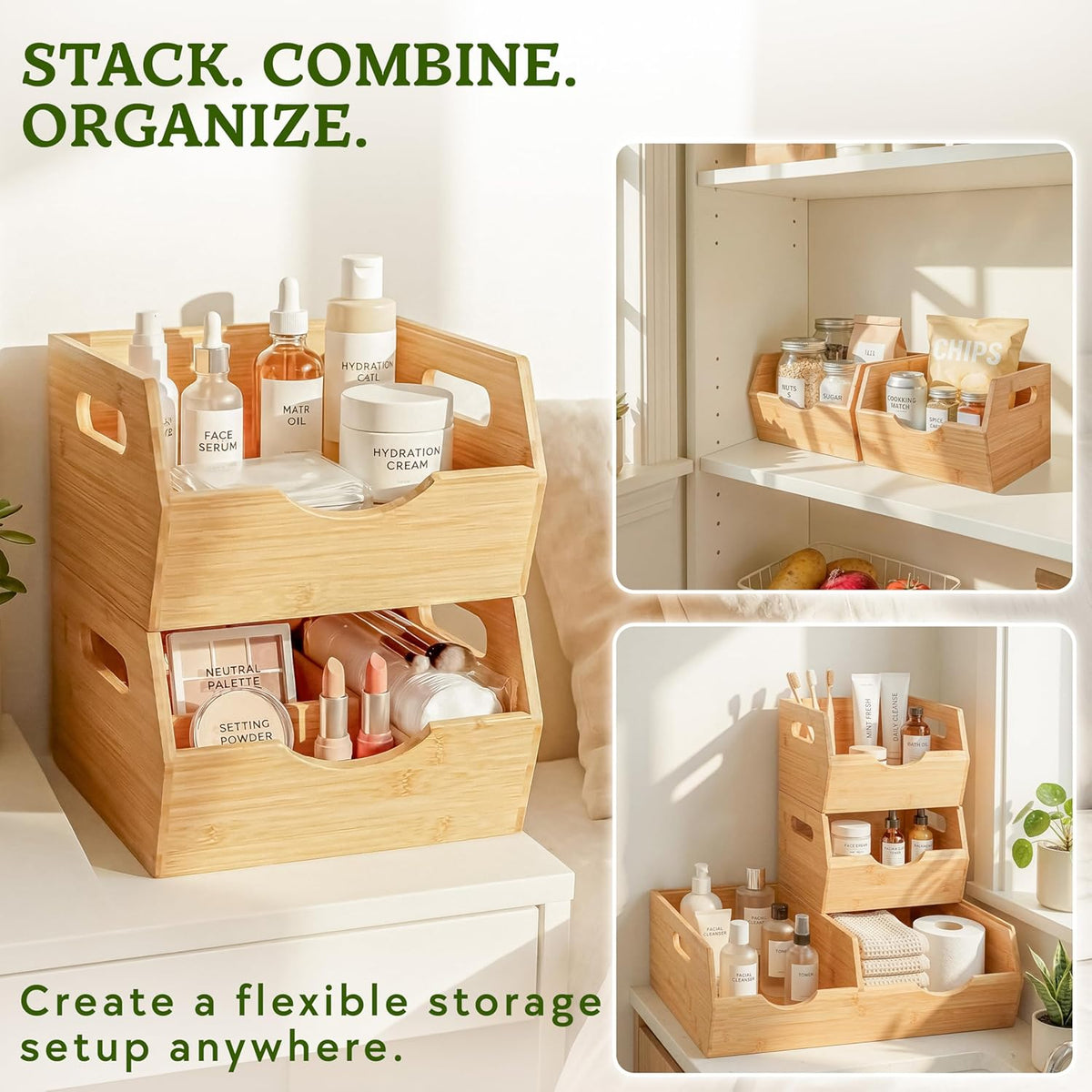 Bamboo Pantry Storage Bins – Stackable Potato & Onion Storage Bin for Kitchen Countertop, Pantry Organizer, Fruit Vegetable Basket, Multiuse - Set of 3 Slide-Out Access