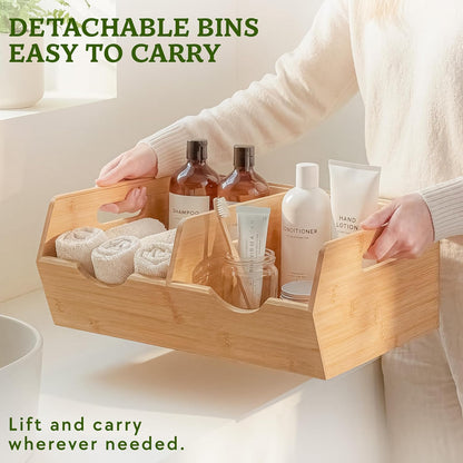 Bamboo Pantry Storage Bins – Stackable Potato & Onion Storage Bin for Kitchen Countertop, Pantry Organizer, Fruit Vegetable Basket, Multiuse - Set of 3 Slide-Out Access