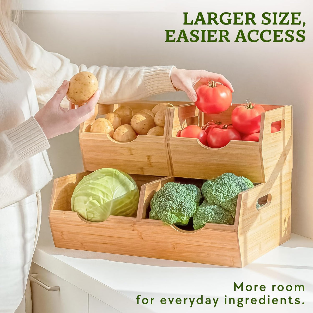 Bamboo Pantry Storage Bins – Stackable Potato & Onion Storage Bin for Kitchen Countertop, Pantry Organizer, Fruit Vegetable Basket, Multiuse - Set of 3 Slide-Out Access