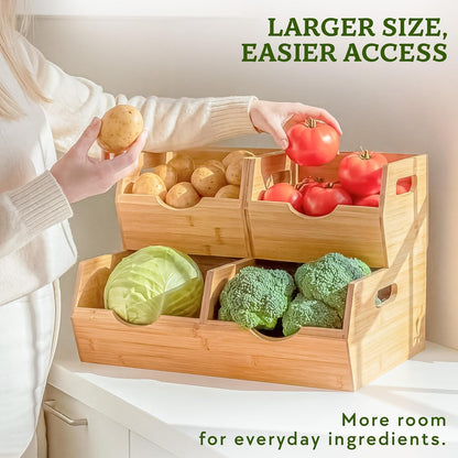 Bamboo Pantry Storage Bins – Stackable Potato & Onion Storage Bin for Kitchen Countertop, Pantry Organizer, Fruit Vegetable Basket, Multiuse - Set of 3 Slide-Out Access