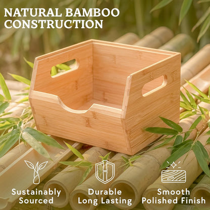 Bamboo Pantry Storage Bins – Stackable Potato & Onion Storage Bin for Kitchen Countertop, Pantry Organizer, Fruit Vegetable Basket, Multiuse - Set of 3 Slide-Out Access