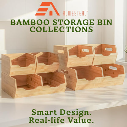Bamboo Pantry Storage Bins – Stackable Potato & Onion Storage Bin for Kitchen Countertop, Pantry Organizer, Fruit Vegetable Basket, Multiuse - Set of 3 Slide-Out Access