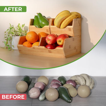 Bamboo Pantry Storage Bins – Stackable Potato & Onion Storage Bin for Kitchen Countertop, Pantry Organizer, Fruit Vegetable Basket, Multiuse - Set of 3 Slide-Out Access