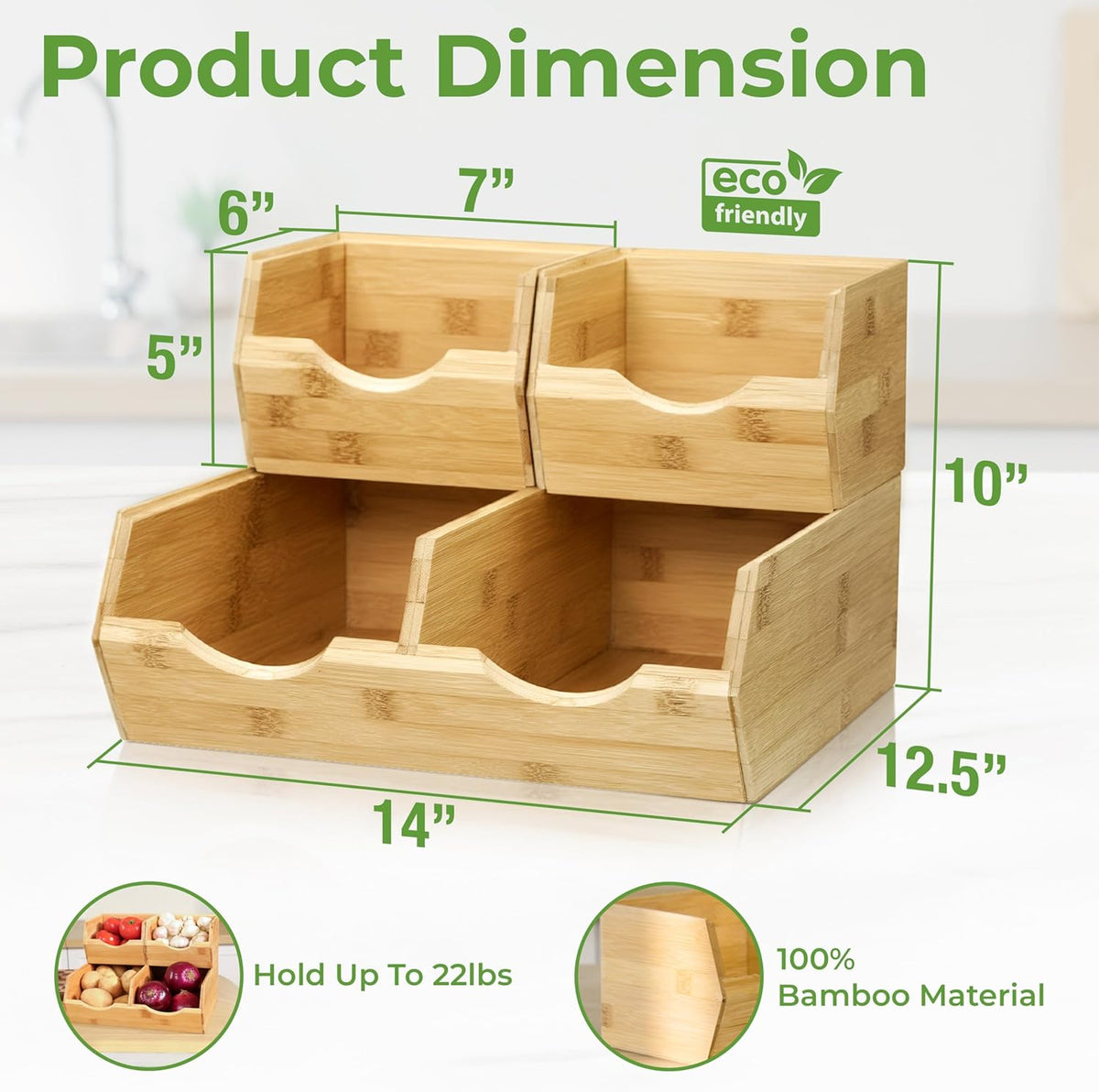 Bamboo Pantry Storage Bins – Stackable Potato & Onion Storage Bin for Kitchen Countertop, Pantry Organizer, Fruit Vegetable Basket, Multiuse - Set of 3 Slide-Out Access