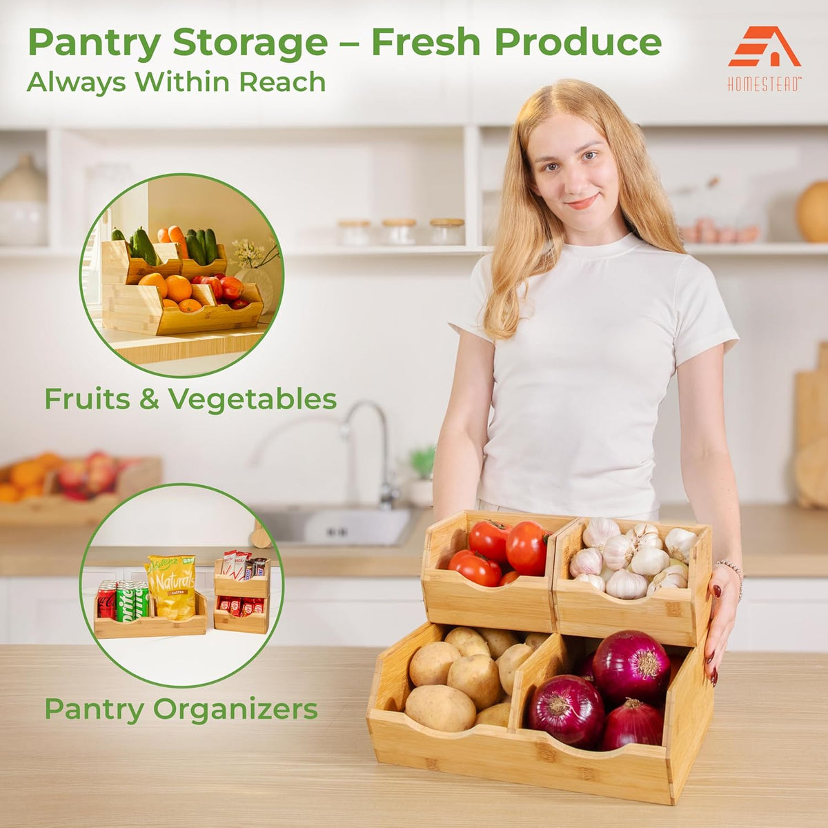 Bamboo Pantry Storage Bins – Stackable Potato & Onion Storage Bin for Kitchen Countertop, Pantry Organizer, Fruit Vegetable Basket, Multiuse - Set of 3 Slide-Out Access