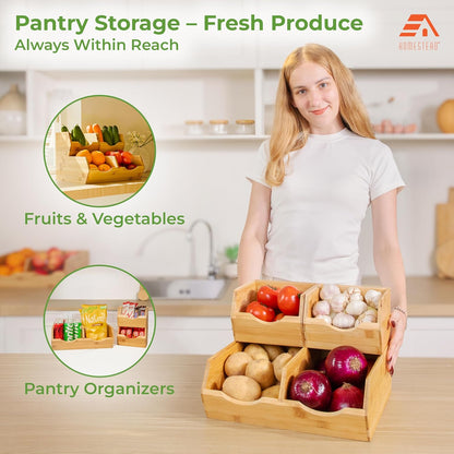 Bamboo Pantry Storage Bins – Stackable Potato & Onion Storage Bin for Kitchen Countertop, Pantry Organizer, Fruit Vegetable Basket, Multiuse - Set of 3 Slide-Out Access