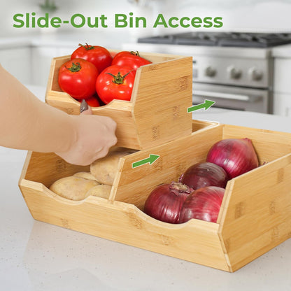Bamboo Pantry Storage Bins – Stackable Potato & Onion Storage Bin for Kitchen Countertop, Pantry Organizer, Fruit Vegetable Basket, Multiuse - Set of 3 Slide-Out Access