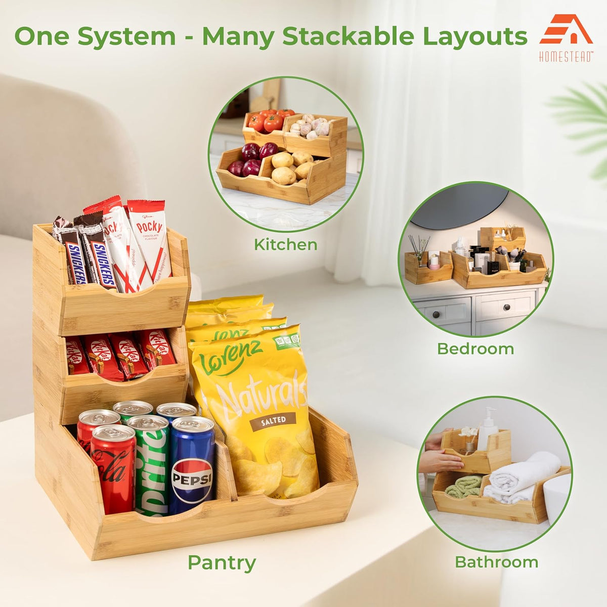Bamboo Pantry Storage Bins – Stackable Potato & Onion Storage Bin for Kitchen Countertop, Pantry Organizer, Fruit Vegetable Basket, Multiuse - Set of 3 Slide-Out Access