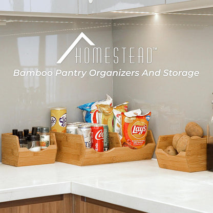 Bamboo Pantry Storage Bins – Stackable Potato & Onion Storage Bin for Kitchen Countertop, Pantry Organizer, Fruit Vegetable Basket, Multiuse - Set of 3 Slide-Out Access