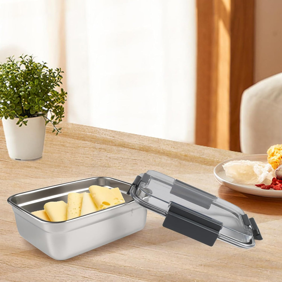 Cheese Container for Refrigerator,Cheese Stainless Steel Container with Lids,Deli Meat Saver,Kitchen Storage Keeper box,fridge organizer Stackable Sliced Grated,Shredded,Cheddar Cheeses Holder