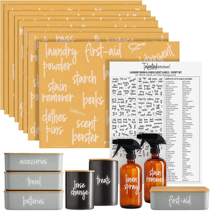 Laundry Room Organization Labels - 141 Preprinted White Script Clear Vinyl, Water-Resistant - Sticker Labels for Jars & Food Containers - Pantry, Bathroom & Linen Closet