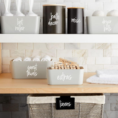 Laundry Room Organization Labels - 141 Preprinted White Script Clear Vinyl, Water-Resistant - Sticker Labels for Jars & Food Containers - Pantry, Bathroom & Linen Closet
