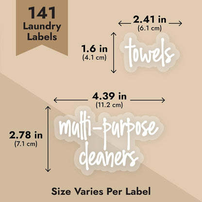 Laundry Room Organization Labels - 141 Preprinted White Script Clear Vinyl, Water-Resistant - Sticker Labels for Jars & Food Containers - Pantry, Bathroom & Linen Closet