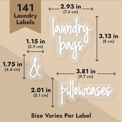 Laundry Room Organization Labels - 141 Preprinted White Script Clear Vinyl, Water-Resistant - Sticker Labels for Jars & Food Containers - Pantry, Bathroom & Linen Closet