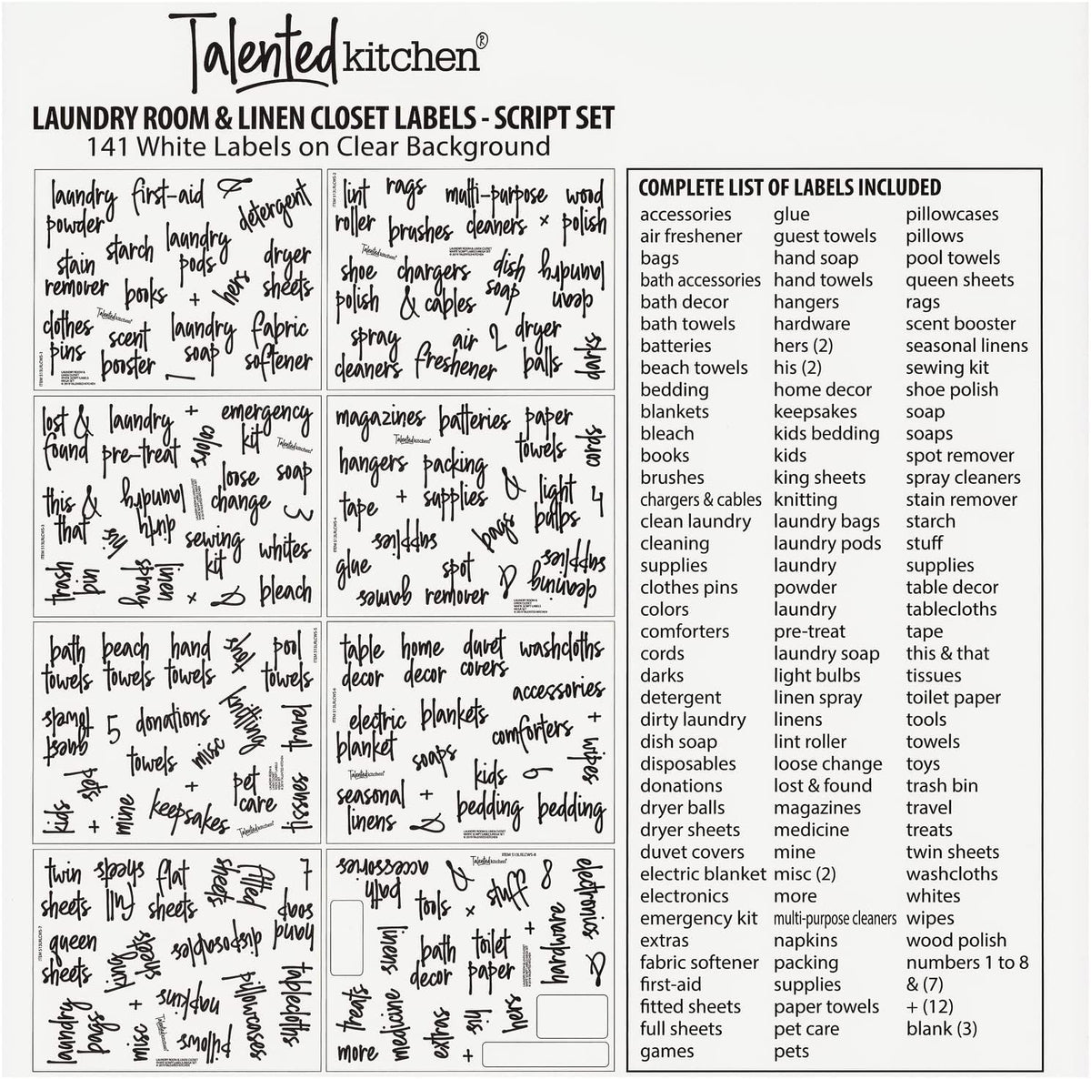 Laundry Room Organization Labels - 141 Preprinted White Script Clear Vinyl, Water-Resistant - Sticker Labels for Jars & Food Containers - Pantry, Bathroom & Linen Closet