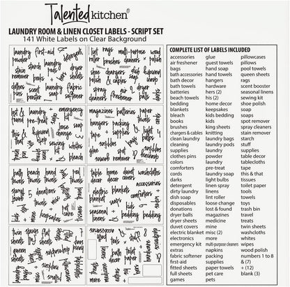 Laundry Room Organization Labels - 141 Preprinted White Script Clear Vinyl, Water-Resistant - Sticker Labels for Jars & Food Containers - Pantry, Bathroom & Linen Closet