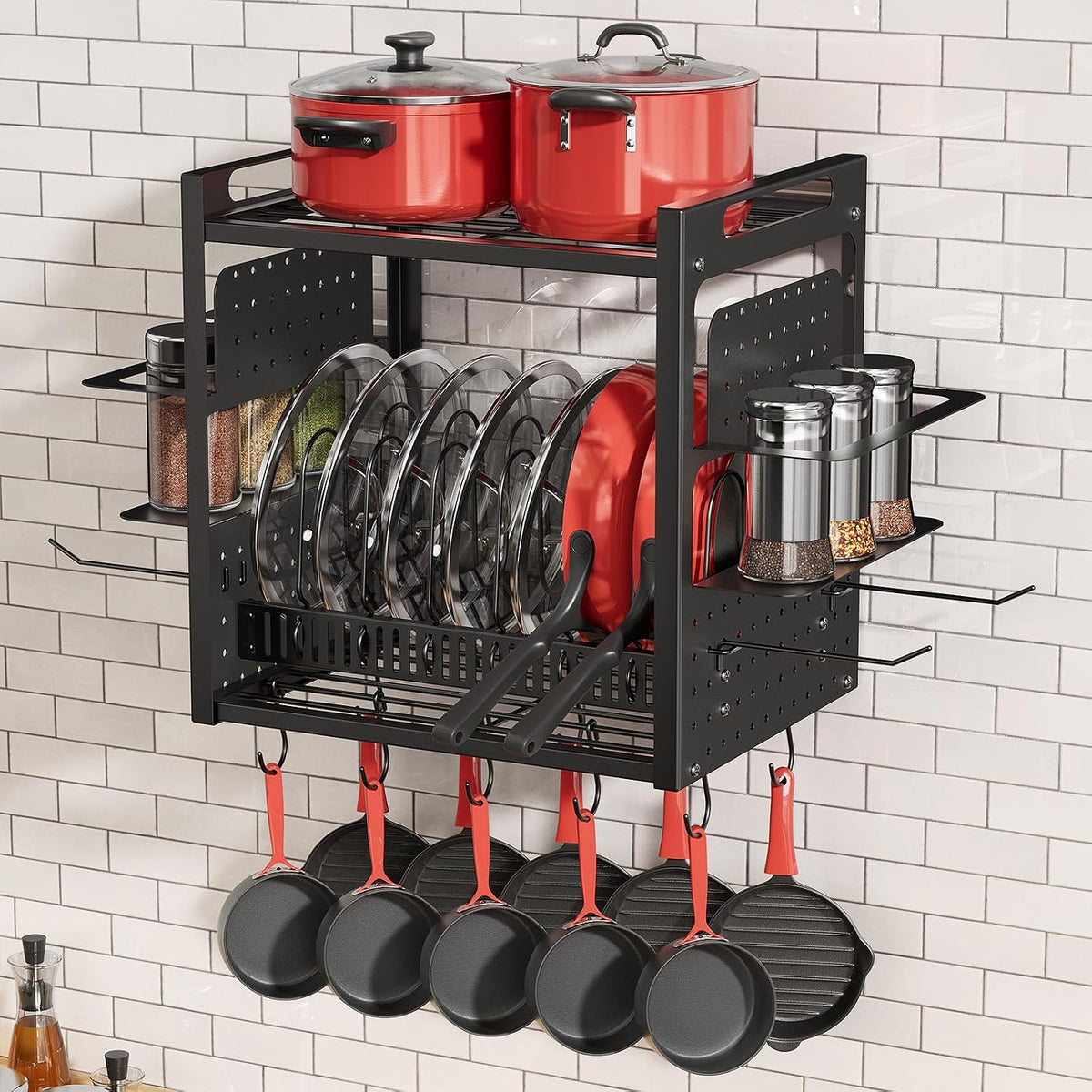 31 Inch Pot Rack Wall Mounted，3 in 1 Pots and Pans Organizer with 2 tier Kitchen Racks & Pot Lid Organizer Holder and 20 Hooks,Heavy Duty Hanging Pot Hanger for Kitchen Cookware, Utensils, Black