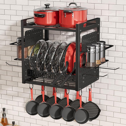 31 Inch Pot Rack Wall Mounted，3 in 1 Pots and Pans Organizer with 2 tier Kitchen Racks & Pot Lid Organizer Holder and 20 Hooks,Heavy Duty Hanging Pot Hanger for Kitchen Cookware, Utensils, Black