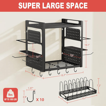 31 Inch Pot Rack Wall Mounted，3 in 1 Pots and Pans Organizer with 2 tier Kitchen Racks & Pot Lid Organizer Holder and 20 Hooks,Heavy Duty Hanging Pot Hanger for Kitchen Cookware, Utensils, Black