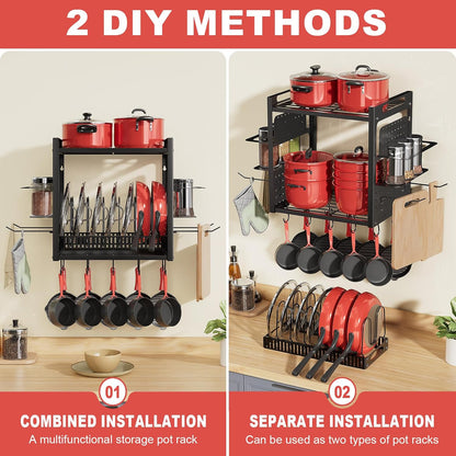 31 Inch Pot Rack Wall Mounted，3 in 1 Pots and Pans Organizer with 2 tier Kitchen Racks & Pot Lid Organizer Holder and 20 Hooks,Heavy Duty Hanging Pot Hanger for Kitchen Cookware, Utensils, Black