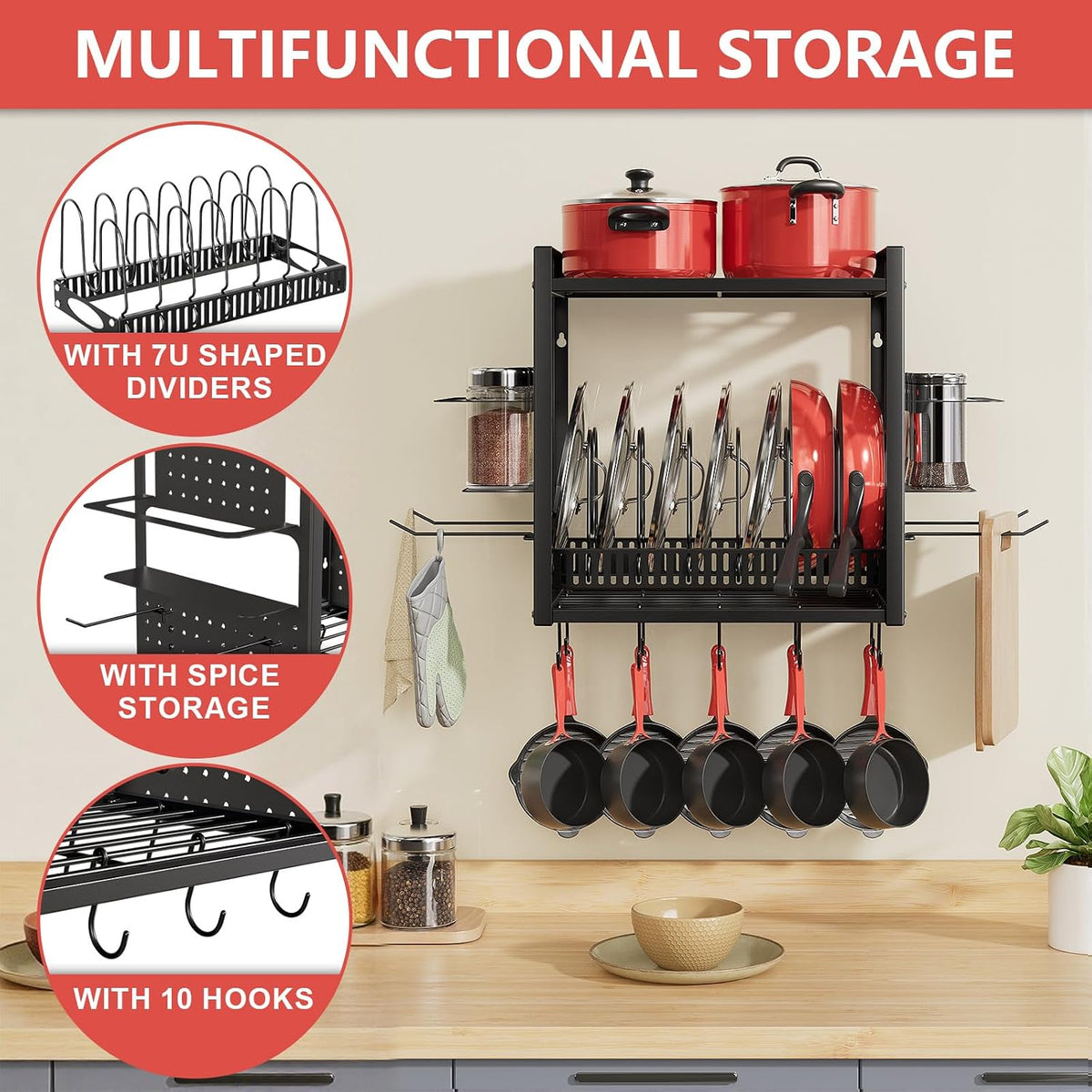 31 Inch Pot Rack Wall Mounted，3 in 1 Pots and Pans Organizer with 2 tier Kitchen Racks & Pot Lid Organizer Holder and 20 Hooks,Heavy Duty Hanging Pot Hanger for Kitchen Cookware, Utensils, Black