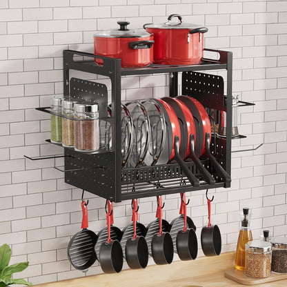 31 Inch Pot Rack Wall Mounted，3 in 1 Pots and Pans Organizer with 2 tier Kitchen Racks & Pot Lid Organizer Holder and 20 Hooks,Heavy Duty Hanging Pot Hanger for Kitchen Cookware, Utensils, Black