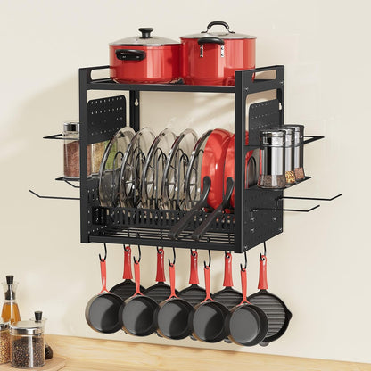 31 Inch Pot Rack Wall Mounted，3 in 1 Pots and Pans Organizer with 2 tier Kitchen Racks & Pot Lid Organizer Holder and 20 Hooks,Heavy Duty Hanging Pot Hanger for Kitchen Cookware, Utensils, Black