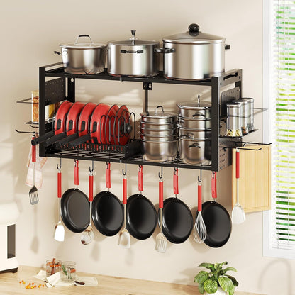 31 Inch Pot Rack Wall Mounted，3 in 1 Pots and Pans Organizer with 2 tier Kitchen Racks & Pot Lid Organizer Holder and 20 Hooks,Heavy Duty Hanging Pot Hanger for Kitchen Cookware, Utensils, Black