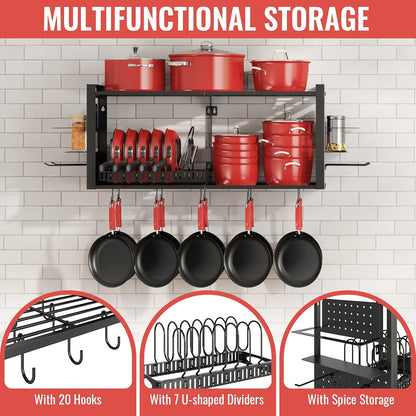 31 Inch Pot Rack Wall Mounted，3 in 1 Pots and Pans Organizer with 2 tier Kitchen Racks & Pot Lid Organizer Holder and 20 Hooks,Heavy Duty Hanging Pot Hanger for Kitchen Cookware, Utensils, Black