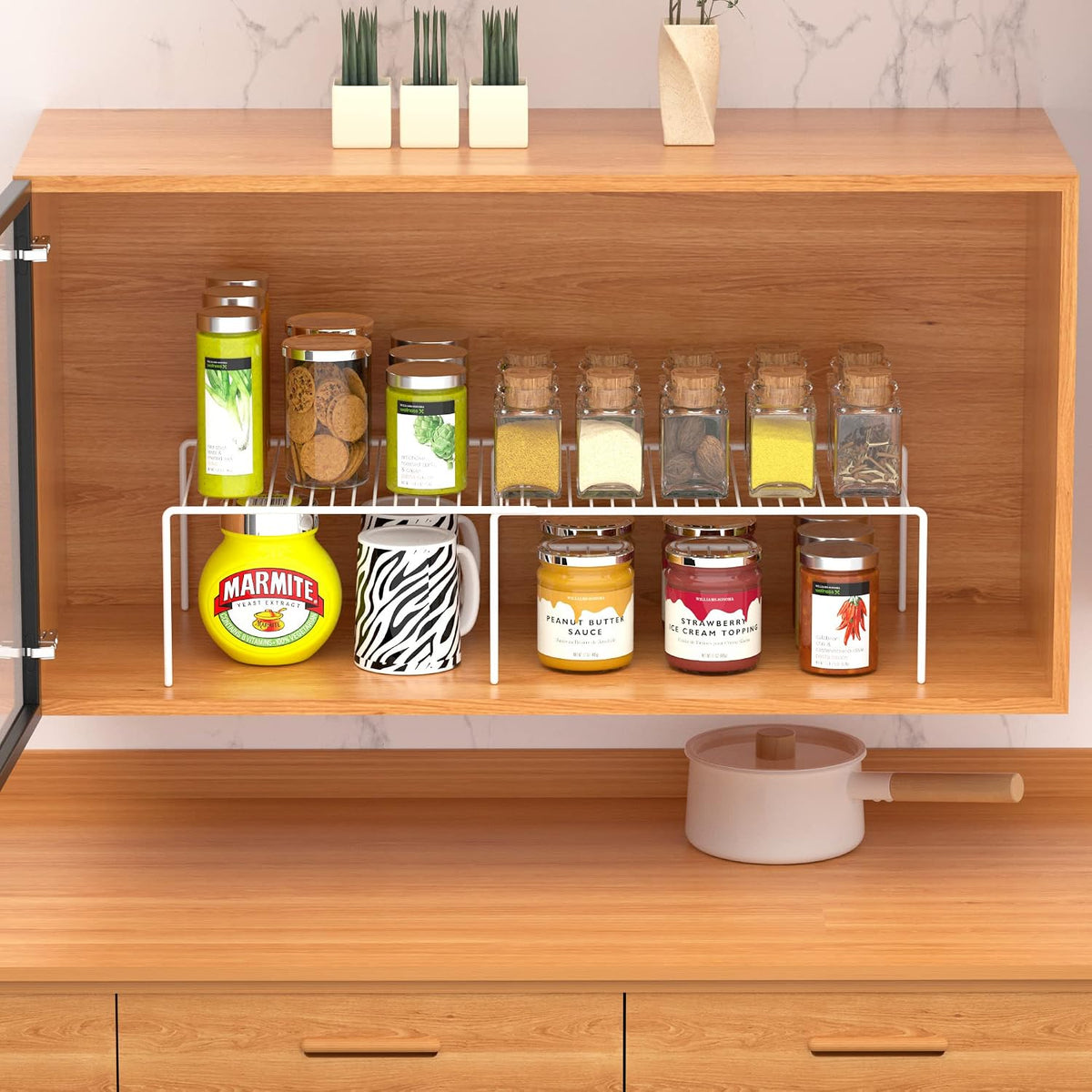 Expandable Kitchen Cabinet Shelf Organizers, Heavy Duty Adjustable Counter Organizer Metal Wire Spice Rack, Freezer Storage Shelf for Cabinets, Pantry, Bathroom, Fridge, White
