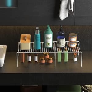 Expandable Kitchen Cabinet Shelf Organizers, Heavy Duty Adjustable Counter Organizer Metal Wire Spice Rack, Freezer Storage Shelf for Cabinets, Pantry, Bathroom, Fridge, White
