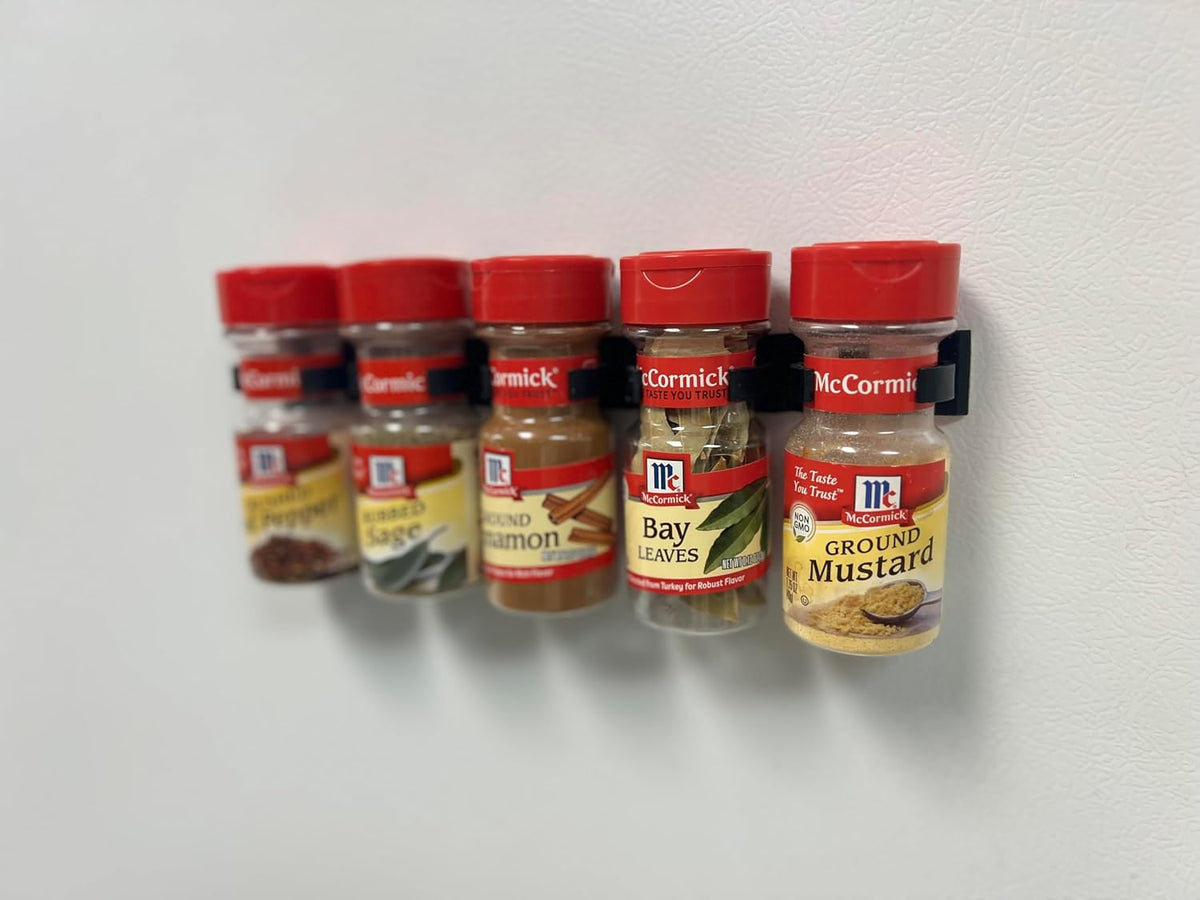 Adhesive Spice clip gripper clips, Holds 15 Ct spice jars, black, spice organizer for Pantry, custom fit, hangs nicely inside cabinet door or in your rv, frees up space in your cabinet (Black)