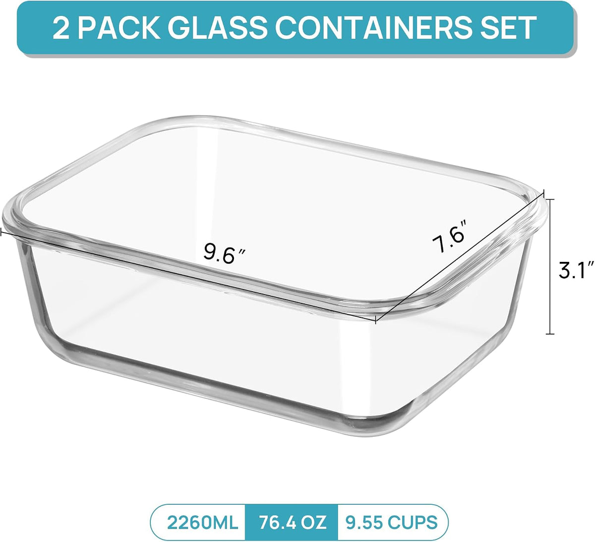 2Pack 1860ml/63oz Large Glass Storage Containers With Lids, Grey