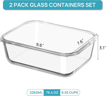 2Pack 1860ml/63oz Large Glass Storage Containers With Lids, Grey