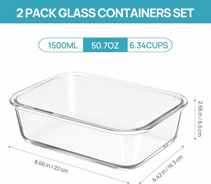 2Pack 1860ml/63oz Large Glass Storage Containers With Lids, Grey
