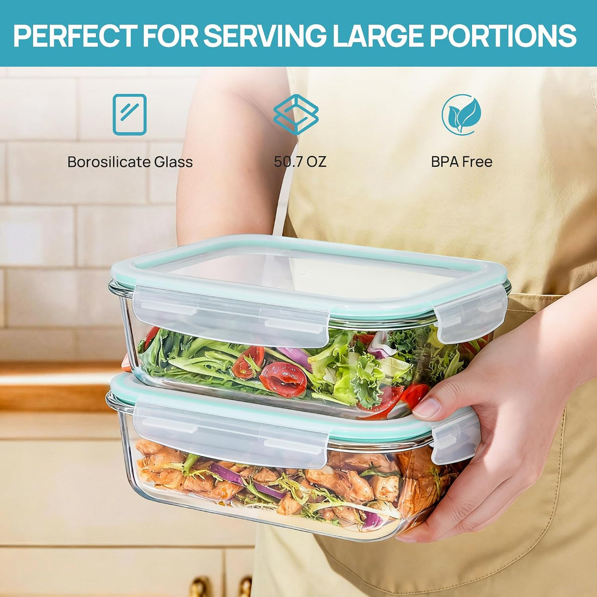 2Pack 1860ml/63oz Large Glass Storage Containers With Lids, Grey