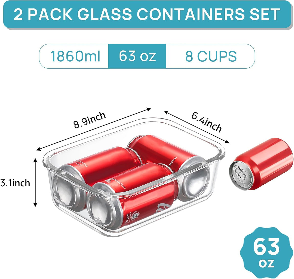 2Pack 1860ml/63oz Large Glass Storage Containers With Lids, Grey