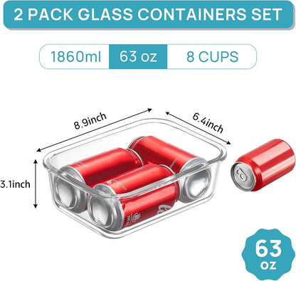 2Pack 1860ml/63oz Large Glass Storage Containers With Lids, Grey