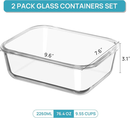 2Pack 1860ml/63oz Large Glass Storage Containers With Lids, Grey