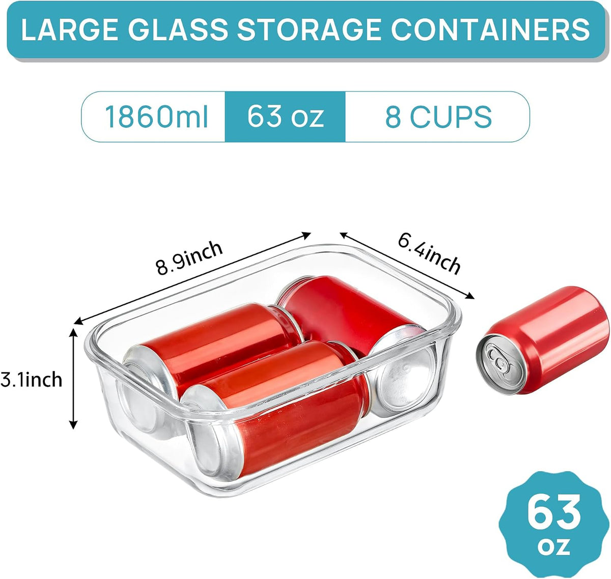 2Pack 1860ml/63oz Large Glass Storage Containers With Lids, Grey