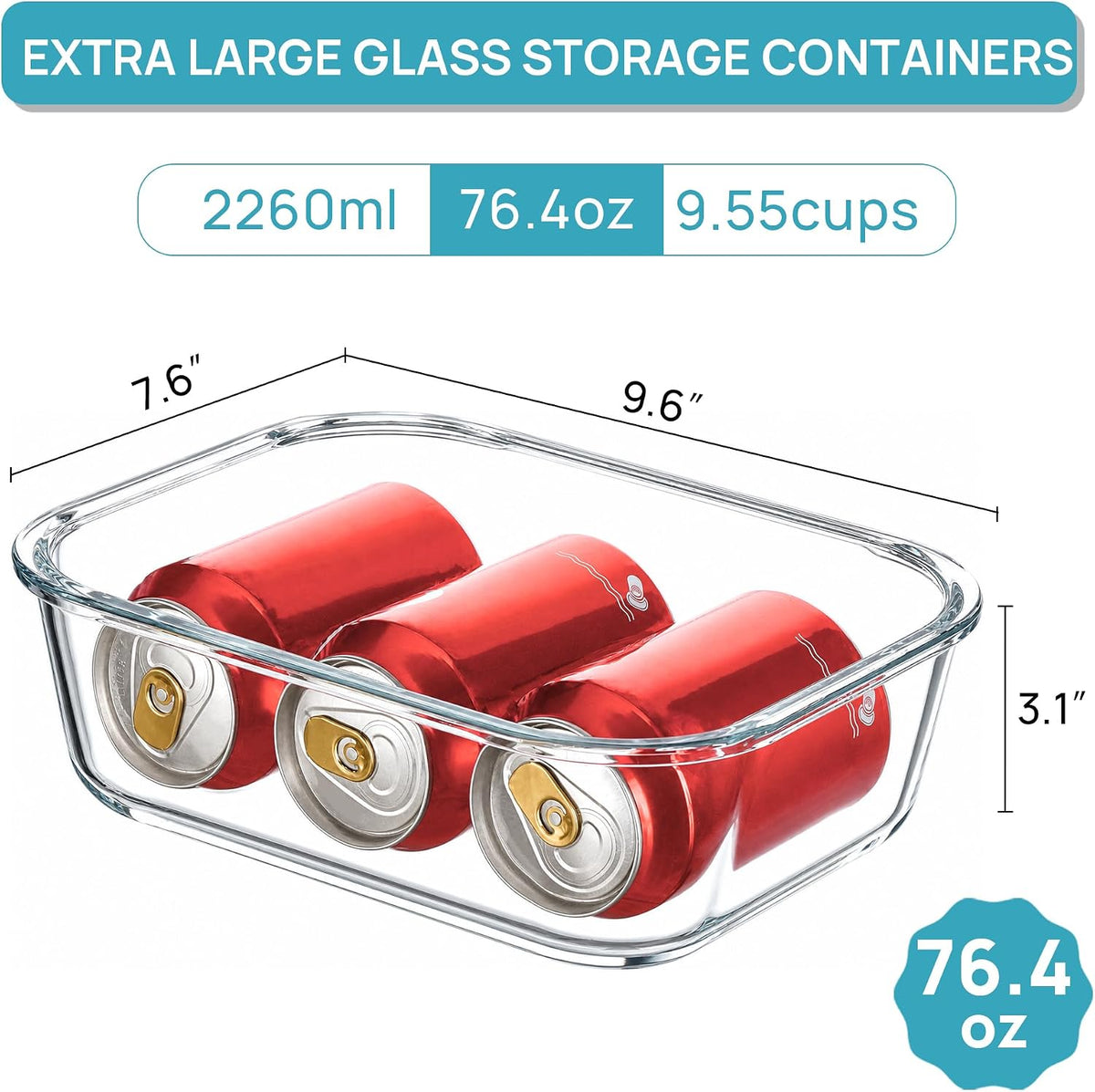 2Pack 1860ml/63oz Large Glass Storage Containers With Lids, Grey