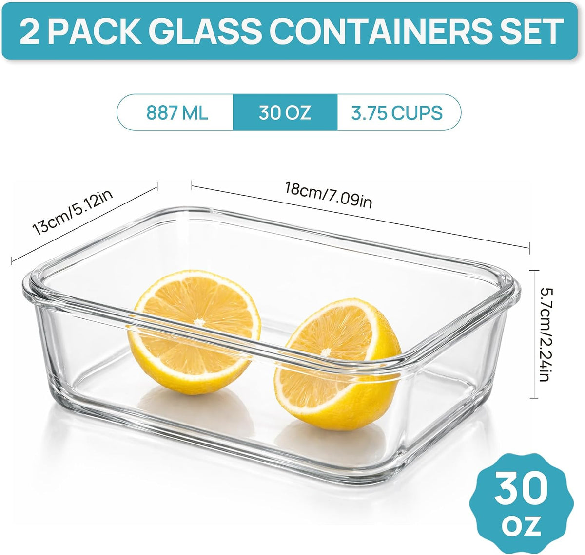 2Pack 1860ml/63oz Large Glass Storage Containers With Lids, Grey