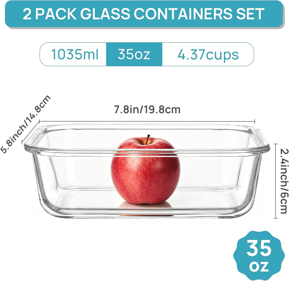 2Pack 1860ml/63oz Large Glass Storage Containers With Lids, Grey